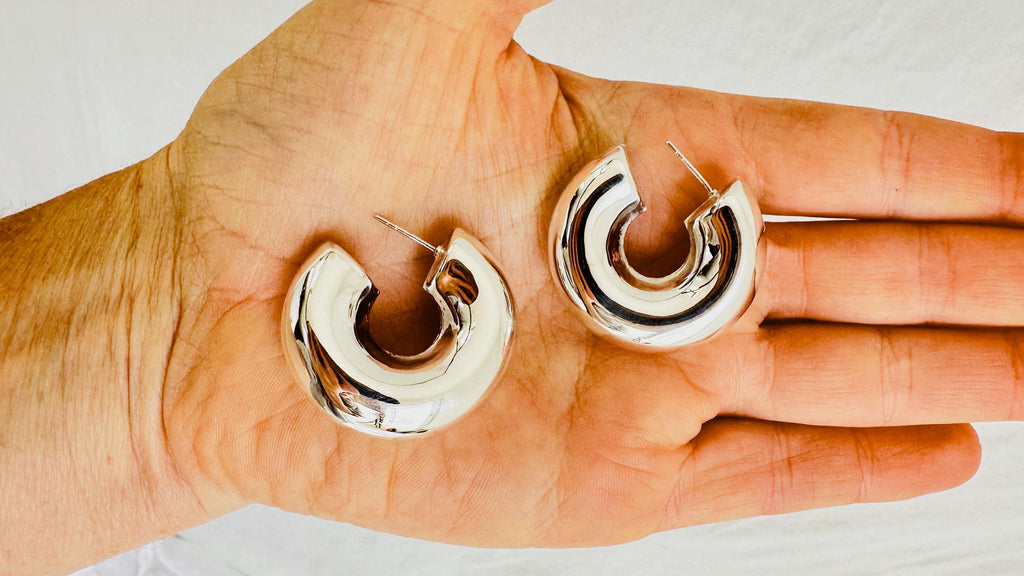 Fat Hoop Earrings. Sterling Silver. Atelier Aadya. High Style Super Shiny Jewelry.