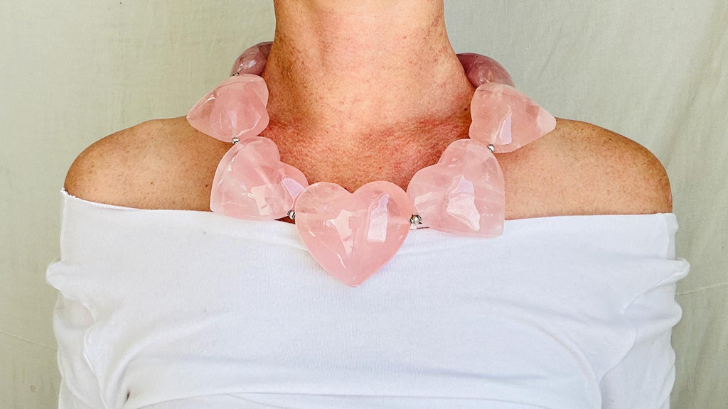 Rose Quartz Heart Necklace. Maximalist Designer Jewelry. Handcrafted with Sterling Silver. 2685