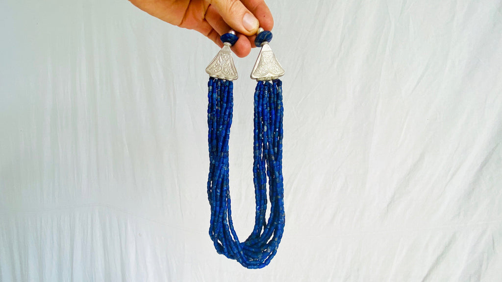 Lapis Lazuli and Antique Silver Necklace. Multi Strand - Aadya Bazaar