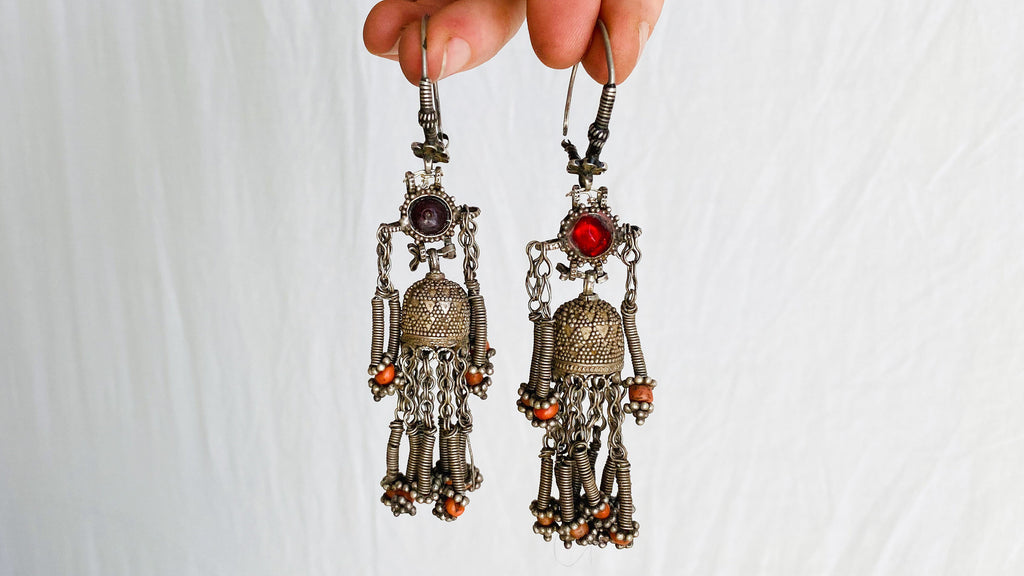 Vintage Uzbek Bukhara Silver Jumkha Earrings Silver.