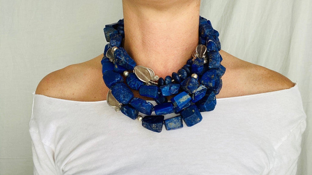 Lapis and Karen Silver Beaded Multistrand Necklace. - Aadya Bazaar