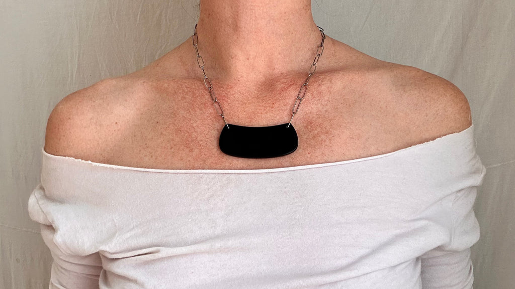 Obsidian Pendant Necklace. Adze. Sterling Silver Chain. 0980