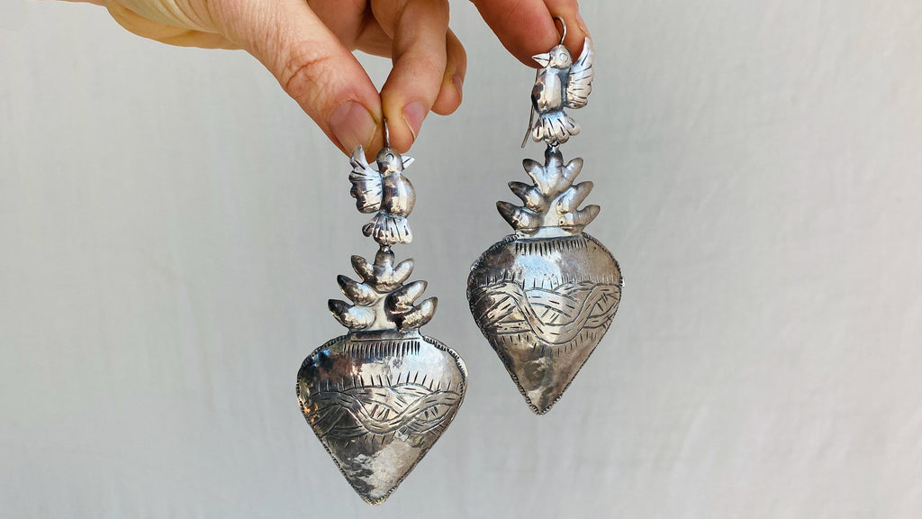 Sacred Heart Silver Earrings. Oaxaca . Mexico. Frida Kahlo. 0968